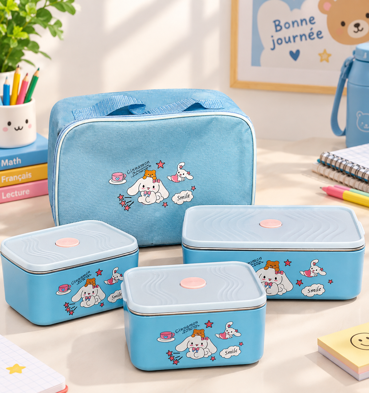 Set Lunch Box enfant 3 pièces avec sac isotherme  طقم لانش بوكس أطفال 3 قطع مع حقيبة عازلة